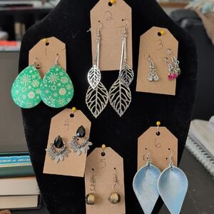 Handcrafted Metallic Leaf and Teardrop Earrings Set - Green, Silver, Black, Blue